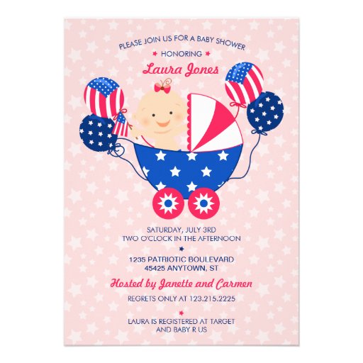 Cute 4th of July Patriotic Baby Girl Baby Shower Custom Invitations