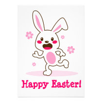 Cute active easter bunny running and smiling with invitations