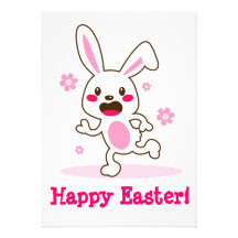 Cute active easter bunny running and smiling with personalized invites