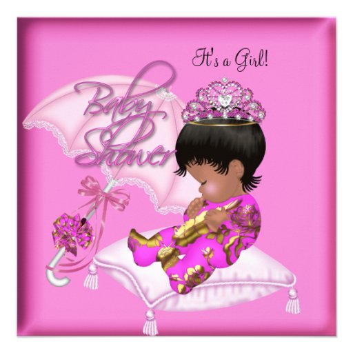 Cute African American Baby Shower Pink Gold Announcements
