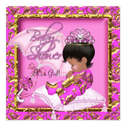 Cute African American Baby Shower Pink Gold Custom Announcements