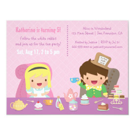 Cute Alice in Wonderland Tea Party Birthday Party 4.25x5.5 Paper Invitation Card