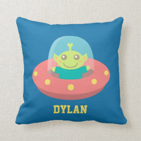 Cute Alien in Spaceship, Outer Space, Kids Room Pillow