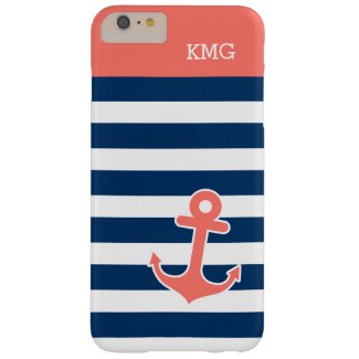 Cute Anchor Monograms in Trendy Coral Navy Strips
