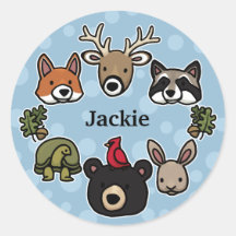Cute and Friendly Forest Animals, Add Child's Name Round Stickers