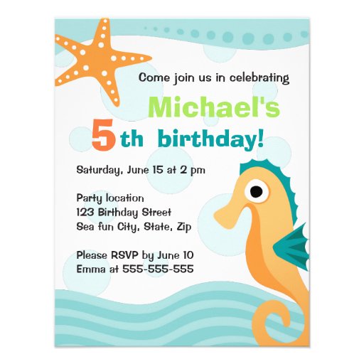 Cute and fun seahorse under the sea birthday personalized invitation