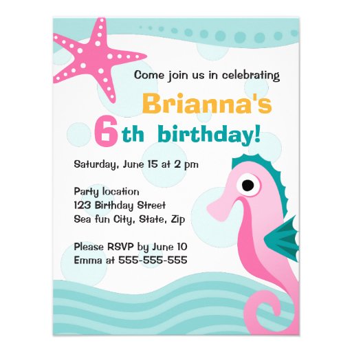 Cute and fun seahorse under the sea birthday custom invites