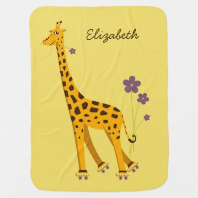 Cute And Funny Giraffe Roller Skating Personalized Baby Blankets