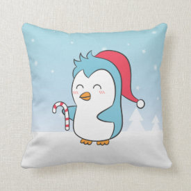 Cute and Happy Christmas Penguin with Candy Cane Pillows