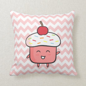 Cute and Happy Pink Cupcake with Cherry Throw Pillows
