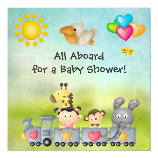 Cute Animals & Girl in Train Baby Shower Custom Invites