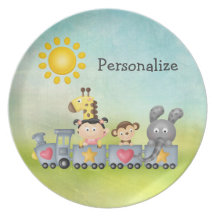 Cute Animals & Girl on Train Plate