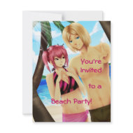 Cute anime couple beach party invitations invitation