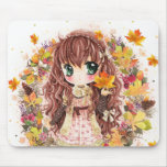 Cute anime girl with autumn leaves mousepads