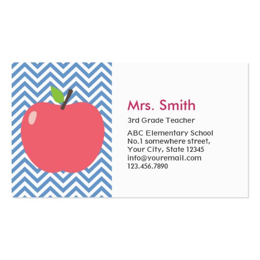 Cute Apple Blue Chevron Teacher Business Card (front side)