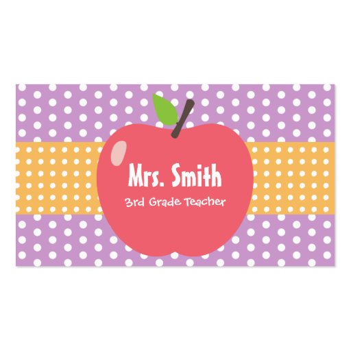 Cute Apple Lavender Dots Teacher Business Card (front side)