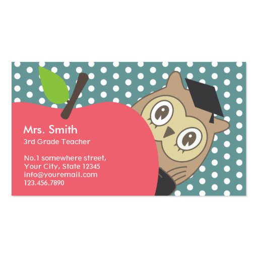 Cute Apple & Owl School Teacher Business Card (front side)