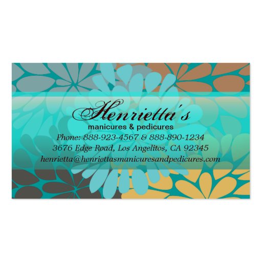 Cute Aqua Brown Gold Floral Vector Business Cards (back side)