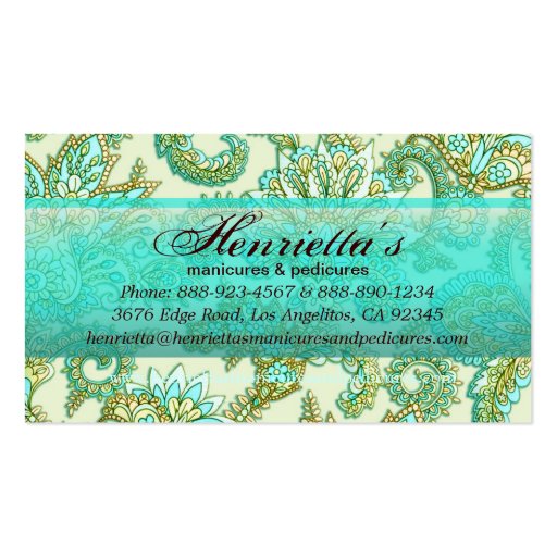 Cute Aqua Gold Paisley Floral Pattern Business Card Template (back side)