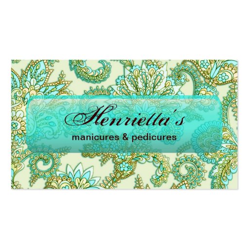 Cute Aqua Gold Paisley Floral Pattern Business Card Template (front side)