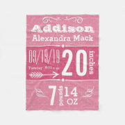personalised Cute Arrow Pattern Pink Girl Baby Fleece Blanket with birthday date of birth size weight and height personalized baby blanket