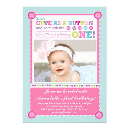 Cute as a Button First Birthday (Photo) Invitations (front side)