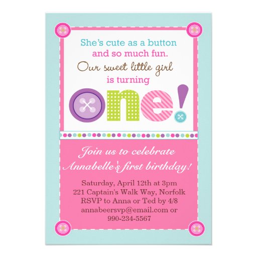 Cute as a Button First Birthday (Photo) Custom Invitations (front side)