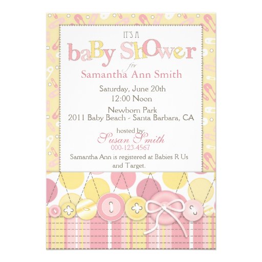 Cute as a Button Girl Invitation Card