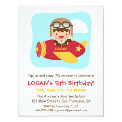 Cute Aviator Boy Airplane Birthday Party 4.25" X 5.5" Invitation Card