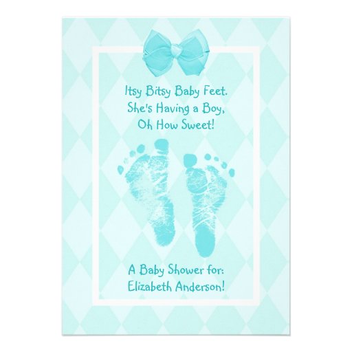 Cute Baby Boy Footprints Baby Shower Blue Ribbon Cards (front side)
