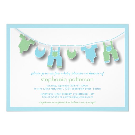 Cute Baby Clothes on the Line for Boy Baby Shower Custom Invite
