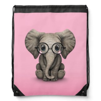 Cute Baby Elephant with Reading Glasses Pink Drawstring Backpacks