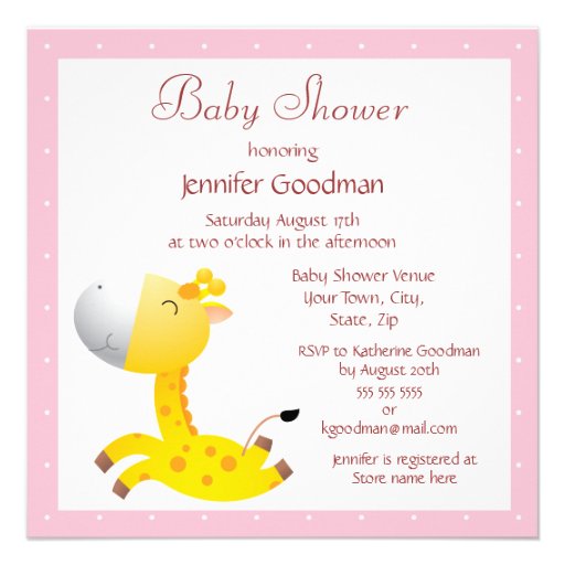 Cute Baby Giraffe Pink Baby Shower Invitations