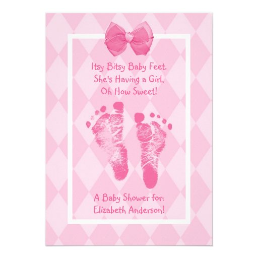 Cute Baby Girl Footprints Baby Shower Pink Ribbon Invitations (front side)