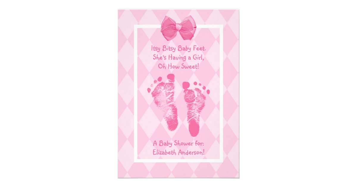 Cute Baby Girl Footprints Baby Shower Pink Ribbon Invitations