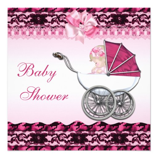 Cute Baby Girl in Pink Carriage Baby Shower Personalized Invitations