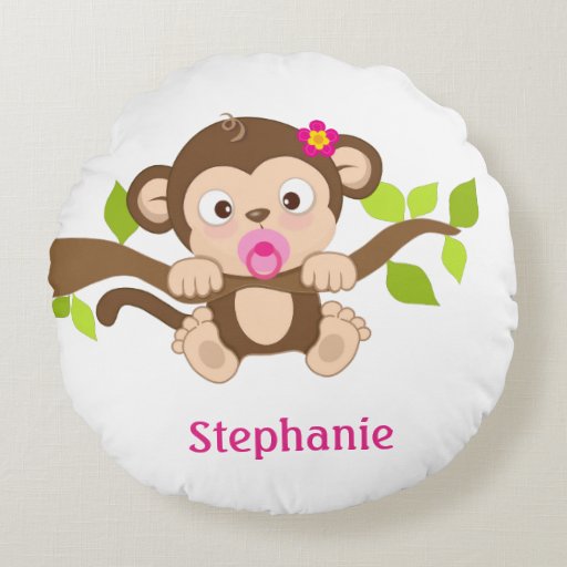 Cute Baby Girl Monkey Round Pillow Zazzle