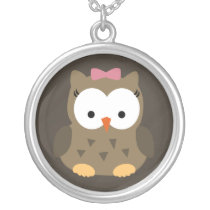 Cute Baby Girl Owl with Pink Bow Pendants
