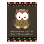 Cute Baby Girl Owl with Pink Bow postcards