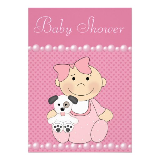 Cute Baby Girl & Puppy Pink Baby Shower Invitation