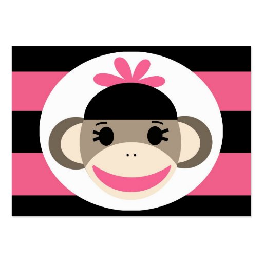 Cute Baby Girl Sock Monkey Black Pink Stripes Business Card Templates (back side)