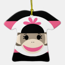 Cute Baby Girl Sock Monkey Black Pink Stripes Christmas Tree Ornaments
