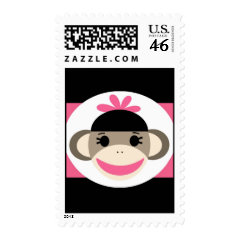 Cute Baby Girl Sock Monkey Black Pink Stripes Postage Stamps