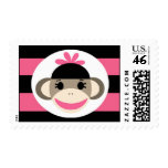 Cute Baby Girl Sock Monkey Black Pink Stripes Stamps