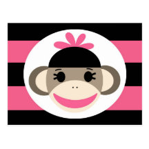 Cute Baby Girl Sock Monkey Black Pink Stripes Post Card