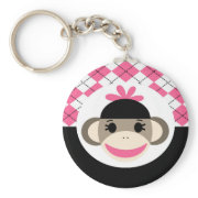 Cute Baby Girl Sock Monkey Pink Black Argyle Key Chain