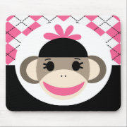 Cute Baby Girl Sock Monkey Pink Black Argyle Mousepads
