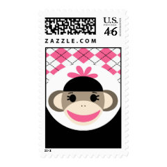 Cute Baby Girl Sock Monkey Pink Black Argyle Postage