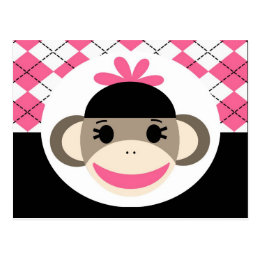 Cute Baby Girl Sock Monkey Pink Black Argyle Postcard