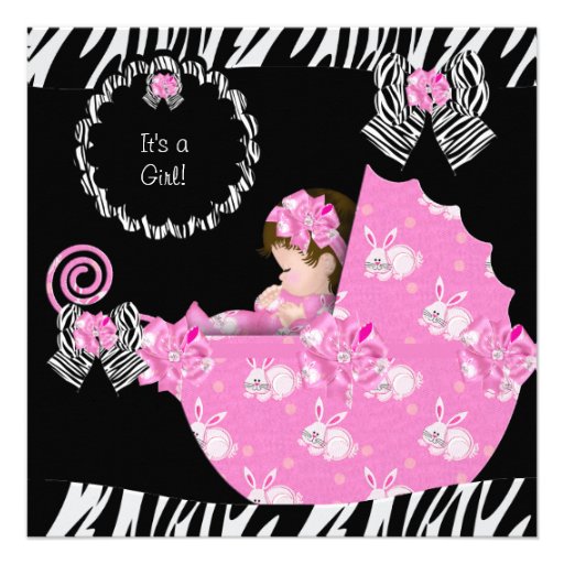 Cute Baby Girl Zebra Baby Shower Pink Pram Invitation